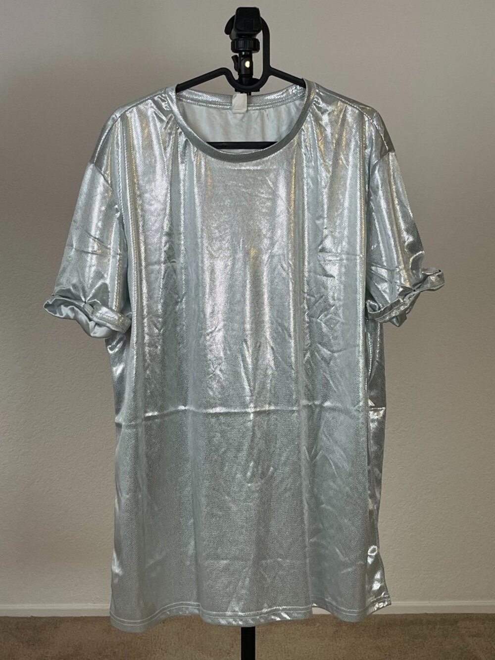 Metallic Silver Round Neck Short Sleeve T-Shirt